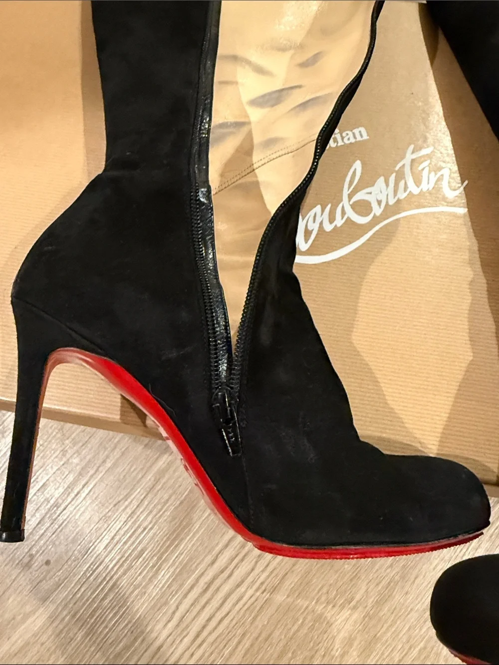Christian Louboutin Black Suede Over-the-Knee Stiletto Boots with Red Soles